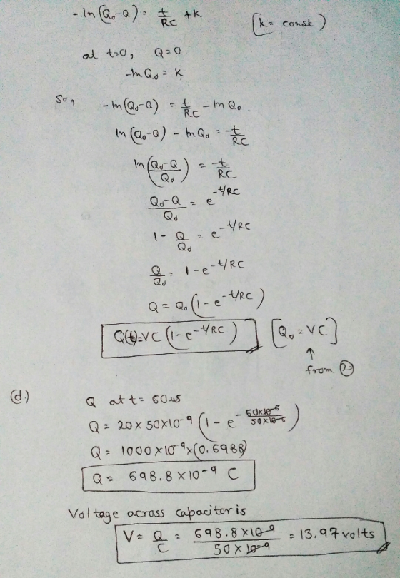 RC ka const In (Qo Q)-h@d 2-돐 RC RC Qd RC Q VC from Q698.8 x 109C ltage across Capocitor is