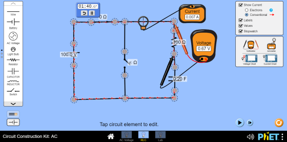 01:40.07 II Show Current O Electrons O Conventional Current (0.007 A Wire Ο Ω F Labels ✓ Values Battery Stopwatch AC Voltage