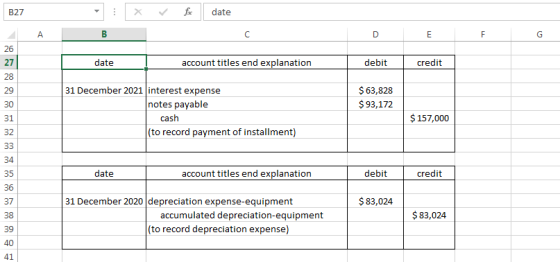 B27 X fic date DE F date I account titles end explanation | debit credit $ 63,828 $93,172 31 December 2021 interest expense n