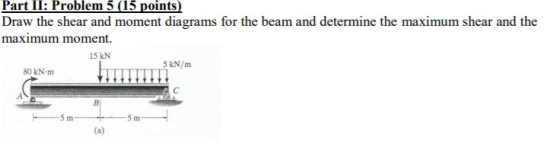 Part II: Problem 5 (15 points) Draw the shear and moment diagrams for the beam and determine the maximum shear and the maximu
