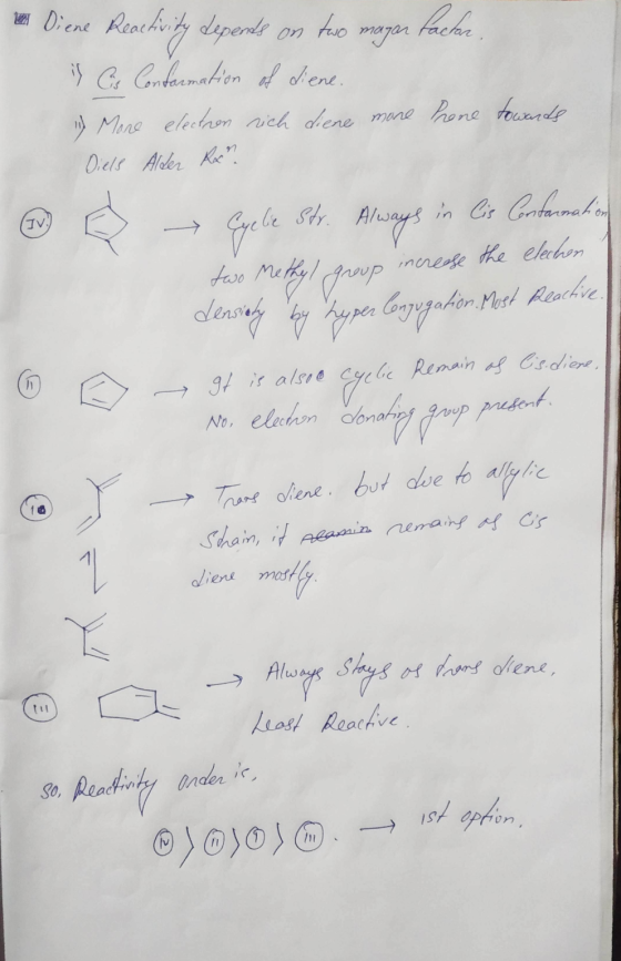 La Diene Reactivity depends on factar magar is Cs Conformation of diene 1) Mone electron rich liene more prone towarde Diels