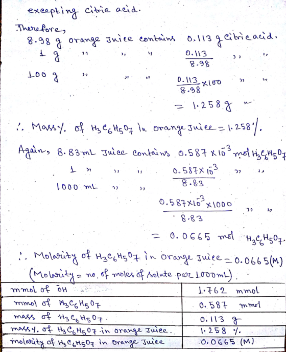 8.98 excepting citric acid. Therefore, 8.98 g orange Juice contains 0.113 geitric acid. I a. 1 . v 0.113 20...! toog Blu 0.11