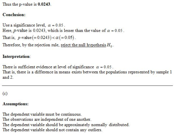 Thus the p-value is 0.0243 Conclusion Use a significance level, α-0.05 Here, p-value is 0.0243, which is lesser than the valu