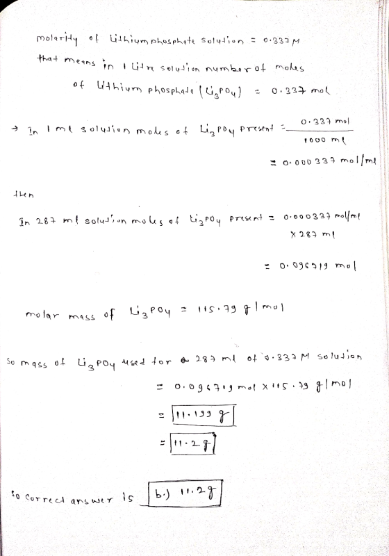molarity of Lithium phosphate solution = 0.337 M. that means in the solution number of moles . of lithium phosphate lipoul =