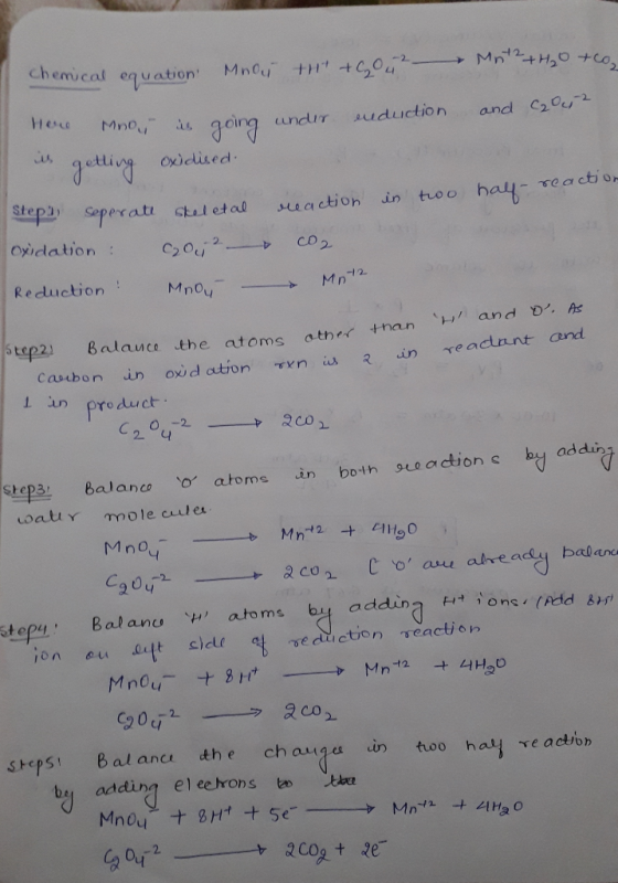 chemical equation Mnai thi + 42 Mit2+H₂O +co, Here Mooi is going under enduction and C2042 is getting oxidised Steps seperate