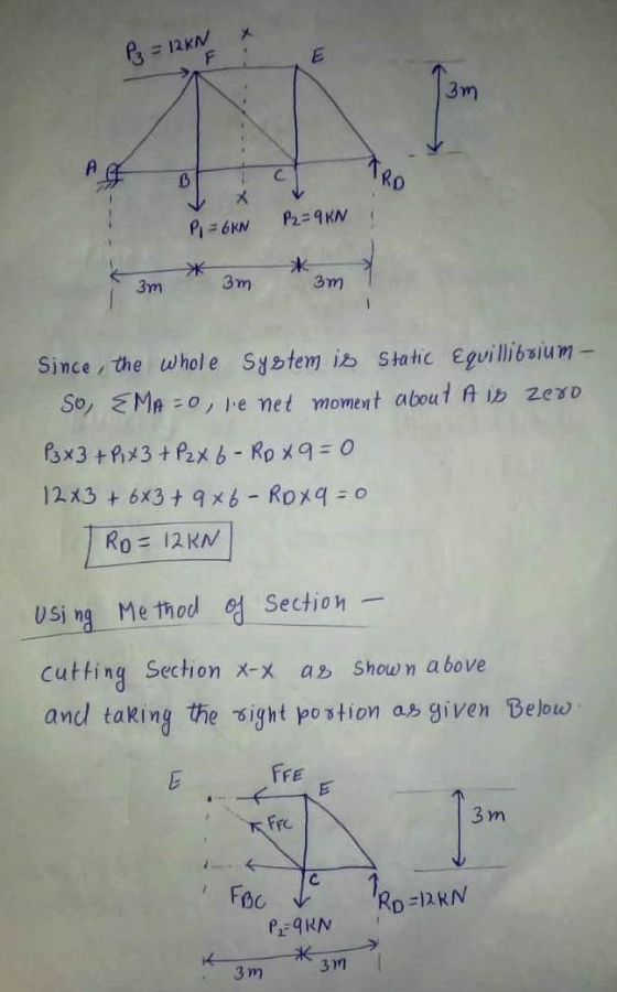 X P₂ = 12 KN F E 3 m B x P2 = 9 KN Pi = 6KN 3m 3m 3m Since the whole system is Static Equilibrium - So, MA -0, le net moment
