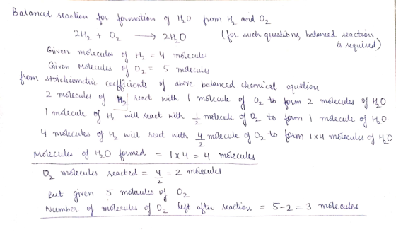 Balanced reaction for formation of tho from Hy and O₂ - 2H₂ + O2 240 (for such questions, balanced reaction, Given molecules