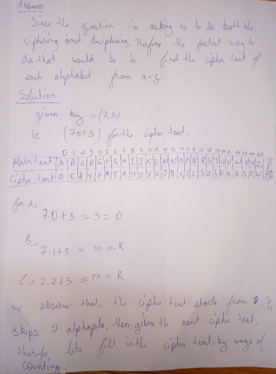 Answer Since the question is asking us to do both the ciphering and deciphring, Thurpre the fastest way to da that would be t