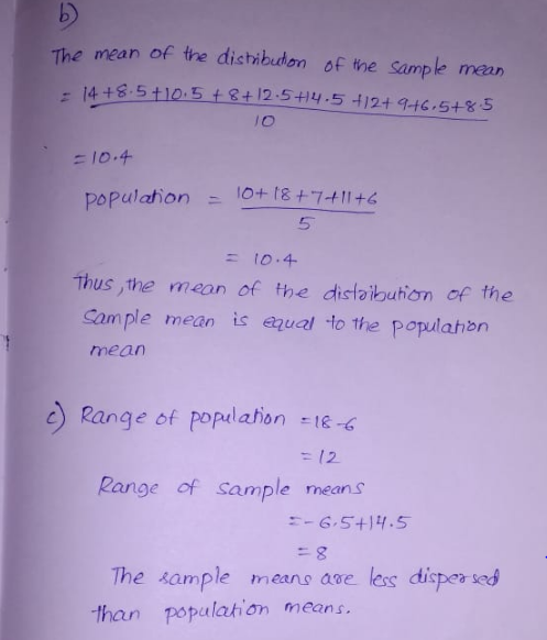 b) The mean of the distribhon of the sample mean l O 5 Thus,the mean of the distaibution of the Cample mean is equal to the p