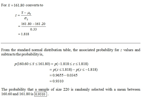 For x 161.80 converts to 161.80 -161.20 0.33 -1.818 From the standard normal distribution table, the associated probability f