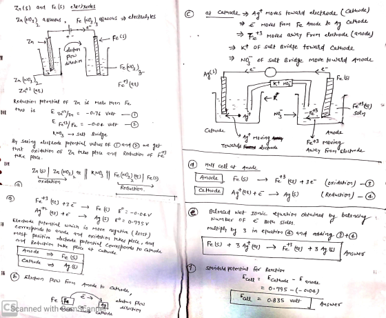 0 at Zn(s) and Fe (s) electrodes In (NO3) aqueous, Fe (NO) aqueous hjem electrolytes a thode Ak Fe(s) Cathode → Aqt moves tow