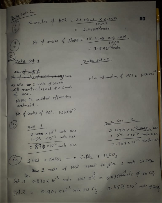 set-2 Pata 93 No. moles of Hal = 24.48mL xo.1om - 2.448 pinole Vaot = 15.4ink X D.Om rono = 1.54 1x mole. Data set- No. of mo