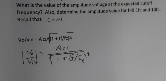 What is the value of the amplitude voltage at the expected cutoff frequency? Also, determine the amplitude value for f-0.1fc