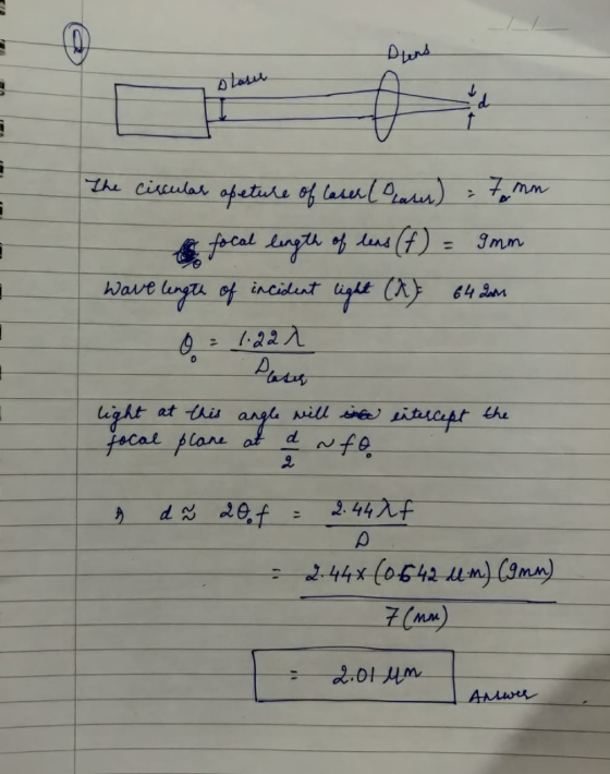 Dens Lasih h abcture The circular opeture of laser (laser) 7 mm to focal length of leas (f) = 9mm have lengte of incident lig
