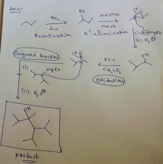 Ans: Naoмя Br . hre Bronination MeoH &²elincinaton lei, MingBa 6) H₂O (Grignard reaction) ot PCC I mig Br Chcla (oxidation) (