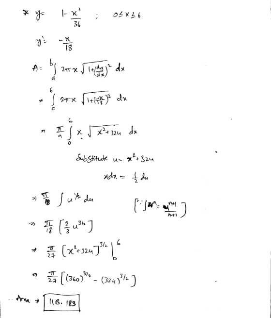 * Y- |x? 36 ; of x26 ya 18 2 A 2T dx و a 6 27x THAdx I x x² + 324 dx 0 Substitute U= x² + 324 adna £du 18 [sens min 3 sub du