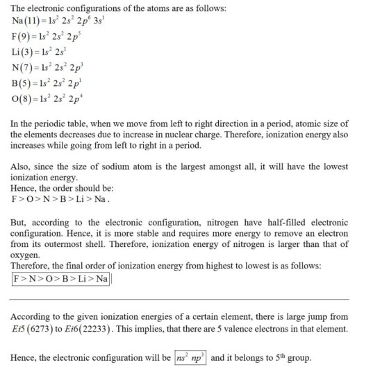 The electronic configurations of the atoms are as follows: Na(11)-1s 2s 2p6 3s F(9) 1s 2s 2p Li(3) 1s 2s N(7) 1s 2s 2p B(5)-1