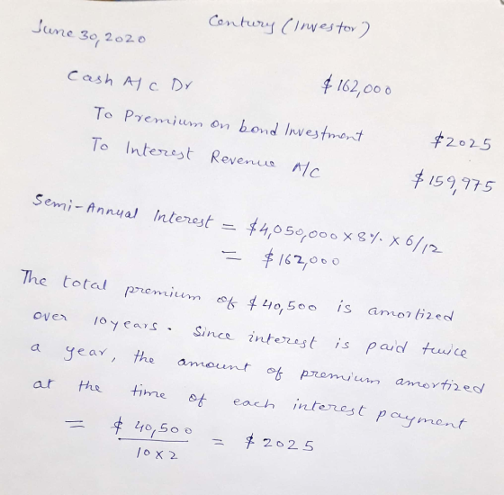 Jc ime zo, 202o une 3e, 62.o0 0 Cash A1 C. Dy To Pemjum on b ond Investment To Interest Revencu lc 20 25 159775 The total pre