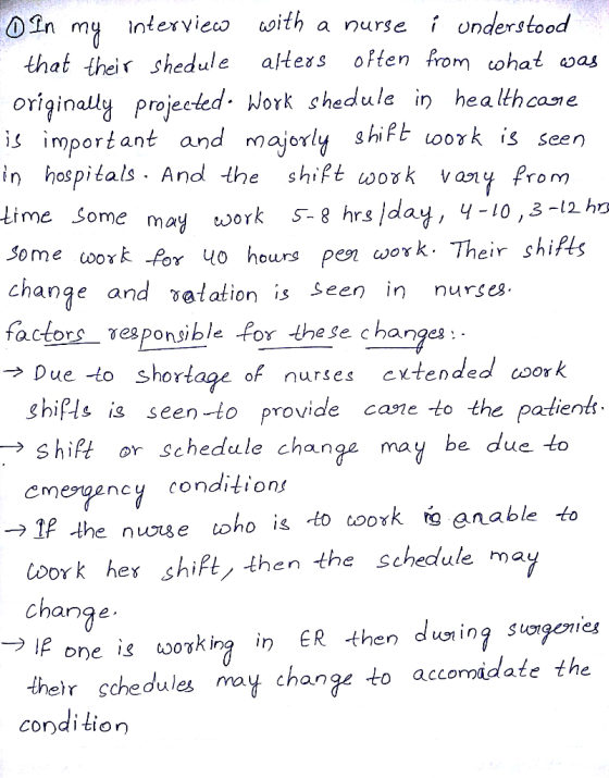 0 In my interview with a nurse i understood that their shedule alters often from what was originally projected. Work shedule
