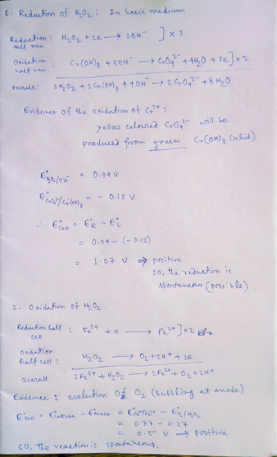 I. Reduction of H₂Oz: In basic medium H₂O2 +2e - 204 Reduction: Halt nam oxidation. Cr(OH)3 +504 overall: 3H2O2 + 2C (OH)₂ +