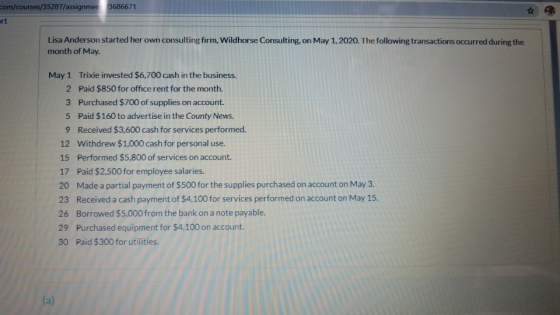 com/courses/35287/assignmer 3686671 rt Lisa Anderson started her own consulting firm, Wildhorse Consulting, on May 1, 2020. T