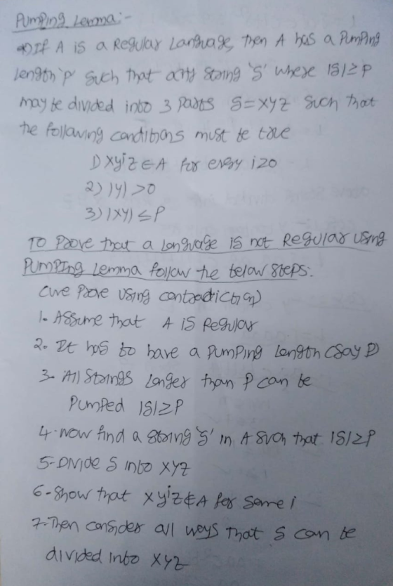 Pumping Lenna - *) If A is a Regular Language, then A has a pumping Length of such that acrty string g where 1913P may be d