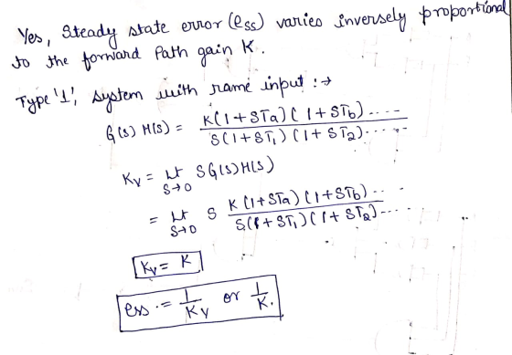 K. Yes, Steady state error (ess) varies inversely proportional to the forward Path gain Type II, system with rame input :* G