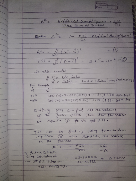 (Page No. Date : 11 Explained Sum of squares - Ess Total Sum of squares TSS Ess= R = I- RSS (Residual stem of Squares) TSS RS