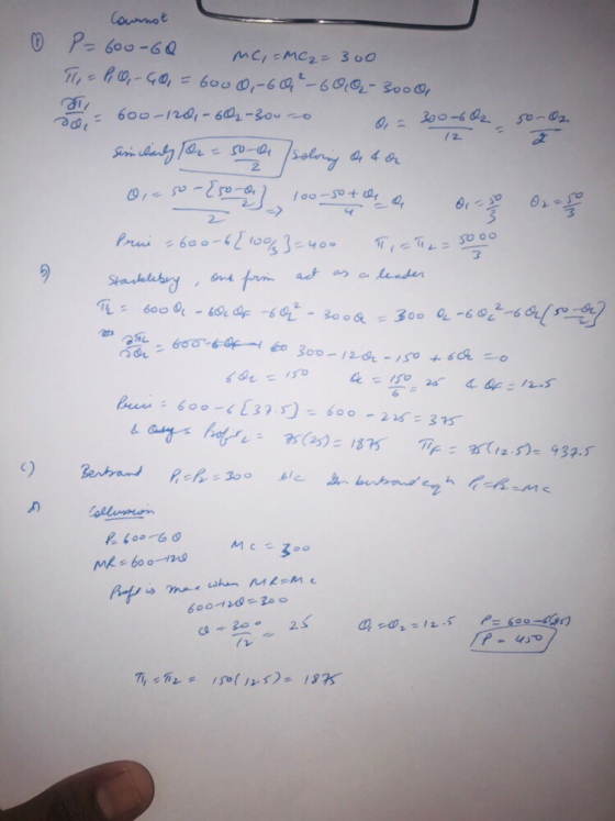 Cournot 0 P=600-60 mc, = MC2 = 300 The P, CO-GO, = 6000,-60²-600-3000 600-1201-60,-3ou no 01 = 300,250250202 similaily for- s
