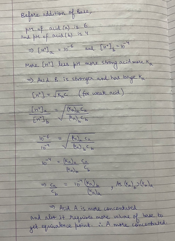 Before addition of Base, ph of acid (a) is 6 and pH of acid (b) is y More (nt less pr more strong acid more ka = Acid B is st