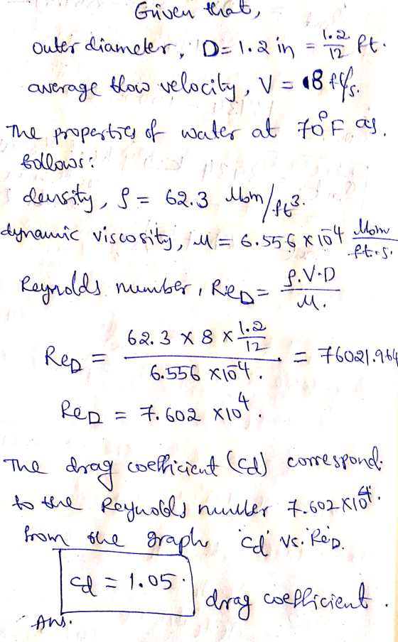 1.2. 12 ftirsi outer diameter, D=1.2 in Given that, average tlow velocity, V = 08445 the properties of water at for as. follo