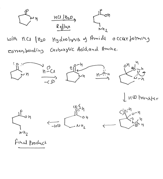 1. Ion Con Nh2 Humor Belux Hydrolysis of Amide occurforming Carboxylic Acid and Amine. with na 1120 corresponding 0:- I no tr