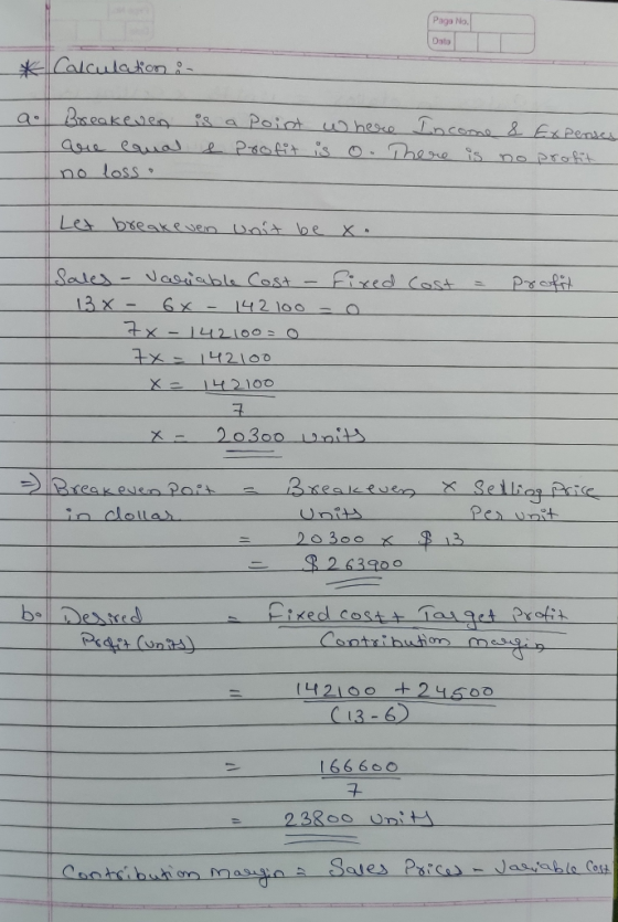 (Paga No. Dato Calculation : - a Breakeven I are caual no loss o is a point where Income & Expenses e profit is o. There is n