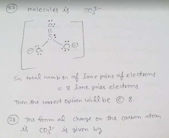 molecalesSO = 8 lone pang electron Then tha (corect option wll be C) 8. 2heom a change on the cavibon atom CO ivenby