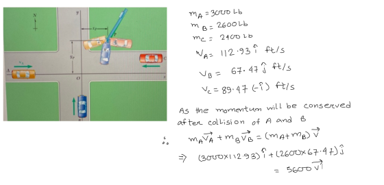 m MA = 3000 lb BE 2600Lb mc= 2400 lb NA= 112.93 î ft/s VB= 67.47 Ĵ ft/s Ve=89.47 (i) fils Уr cons nserved As the momentum wil