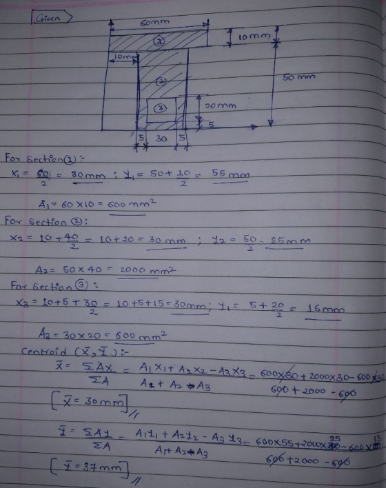 Given comm 10 mm om 50 mm 20 mm 30 35 For Section X = GO! 55 m 30 mm x = 50+ 10 2 22 A = 60 X 10 = 600 mm For Section : X = 1