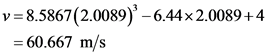 v=8.5867(2.0089) – 6.44x2.0089+4
= 60.667 m/s
