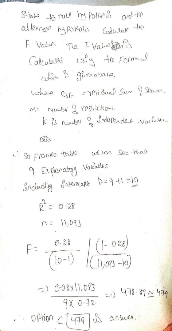 and to Stale the nell hypothew alternale hypotholes Calculate to F Vadell The F value plaas Calculated using the Formual whic