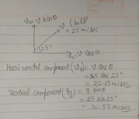 Date: Page V = usino e (ball -25 misec 1250 Ex = V Cosce Horizontal component (Vx)= V os o - Je 5 Cos 25° = 22.65 mesec Verti
