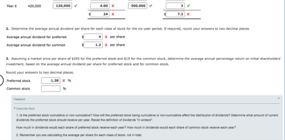Year 6 420,000 120,000 300,000 4.00 x 24 x 7.2 x 2. Determine the average annual dividend per share for each class of stock f