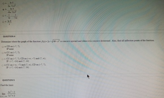 (In 73.1 In 8 7211 Оe 1 94 721 dla 1 QUESTION 4 Determine where the graph of the function f(x)-2x-19-x is concave upward and