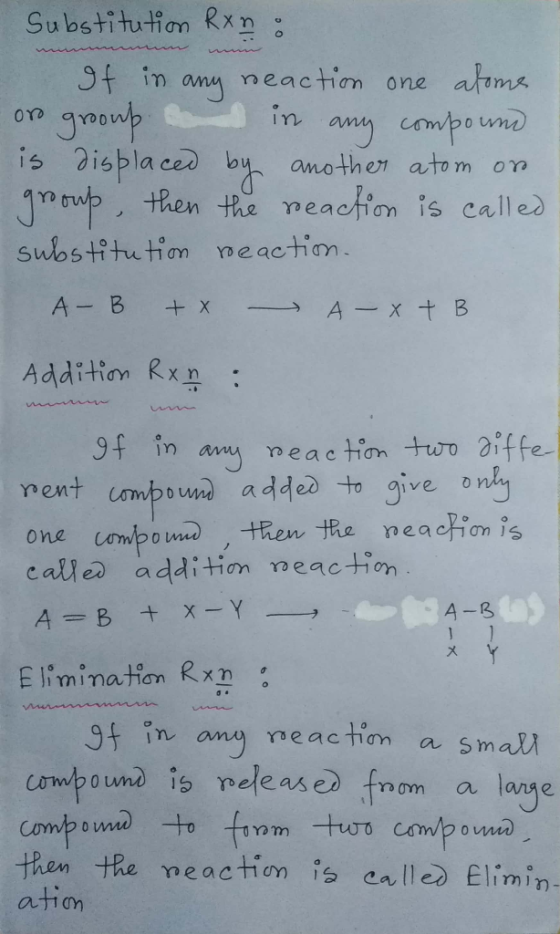 Substitution Rxn : If in any reaction one atome or grooup in any compound is displaced by another atom on grooup, then the re