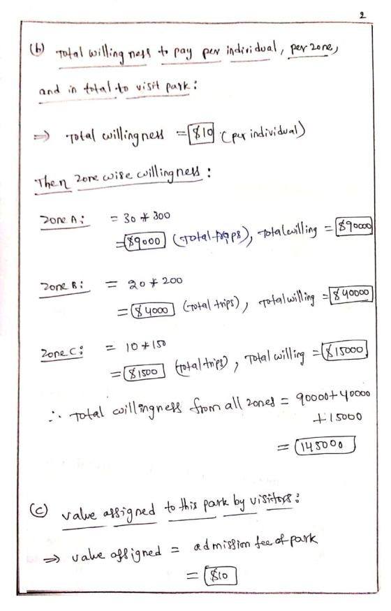 (b) total willing nesh to pay per individual, per zone, and in total to visit park: - Total willingness = {810 (per individua
