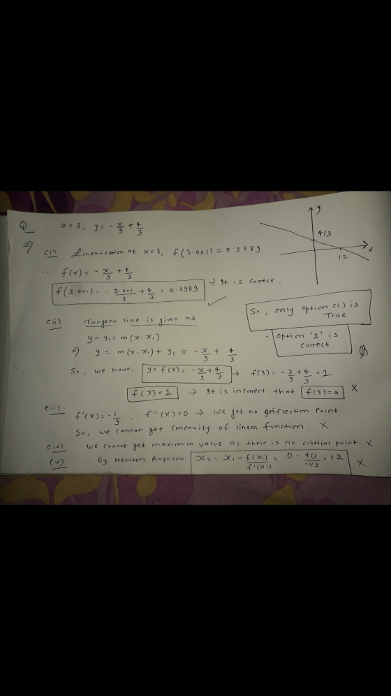 x=3, y = - 33 + 2/35 413 ㅋ Ci Linearization at 0=3, f (3.001) = 0.9989 f(x) = -x + 233 f(3.001) - It is correct. 3.001 +4 9 3
