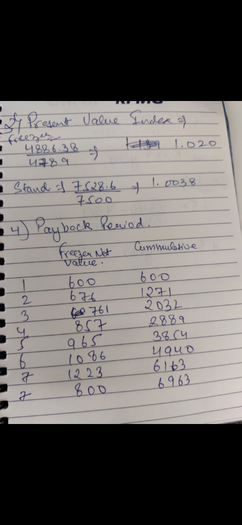 24 Present Value Iudea of 4886.38 4789 1.020 Stand of 7.628.6 a 1.0038 750o 4) Payback period. freezen Net Cummulative I Vale