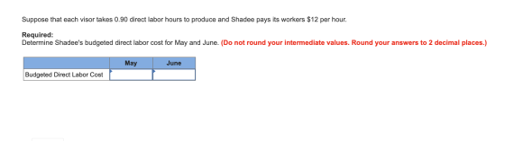 Suppose that each visor takes 0.90 direct labor hours to produce and Shadee pays its workers $12 per hour. Required: Determin