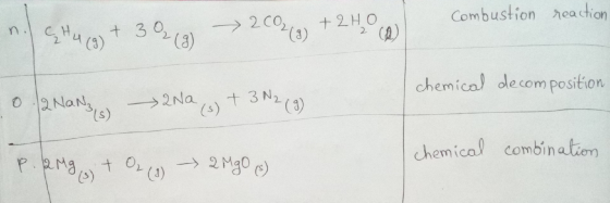 Combustion nea ction 2CO(3) +2 HO (A) SH4()3(a) n. chemical decomposition +3 N2 (3) 2 Nans >2Na s) (s) chemical combin ation
