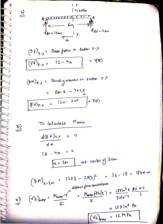 No ന് 6w! 12 kw e 12kw (S. f)e-x 2 Shear force in Section *-* [(Sf)x.x = 12- 4* 7 = (PM) x-x 2 Bending moment in section *-*