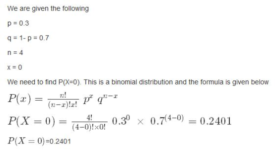 We are given the following p = 0.3 q = 1- p = 0.7 n = 4 x = 0 We need to find P(X=0). This is a binomial distribution and the