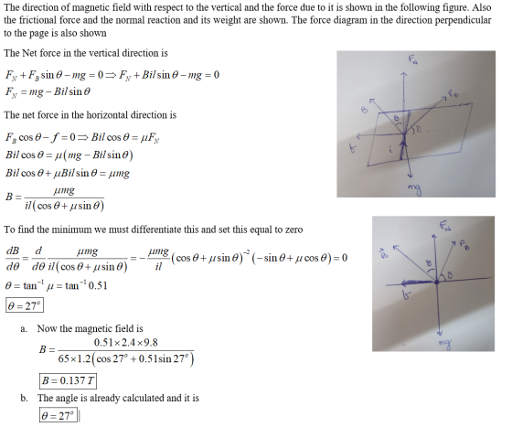 The direction of magnetic field with respect to the vertical and the force due to it is shown in the following figure. Also t